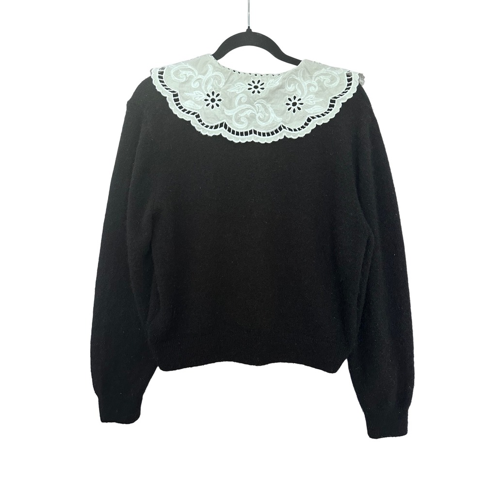 & Other Stories Paris Atelier Black Wool Alpaca Cardigan M Eyelet Lace Collar - Picture 2 of 9